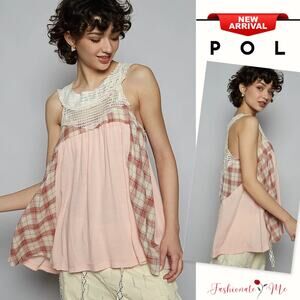 POL Boho Crochet Lace Neckline Plaid Panel Details Relaxed Fit Tank Top | Pink